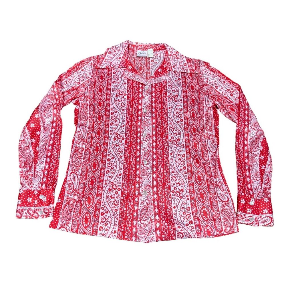 Vtg Graff Red White Filagree Blouse Sz 6 1970s Spear Point Collar Long Sleeve